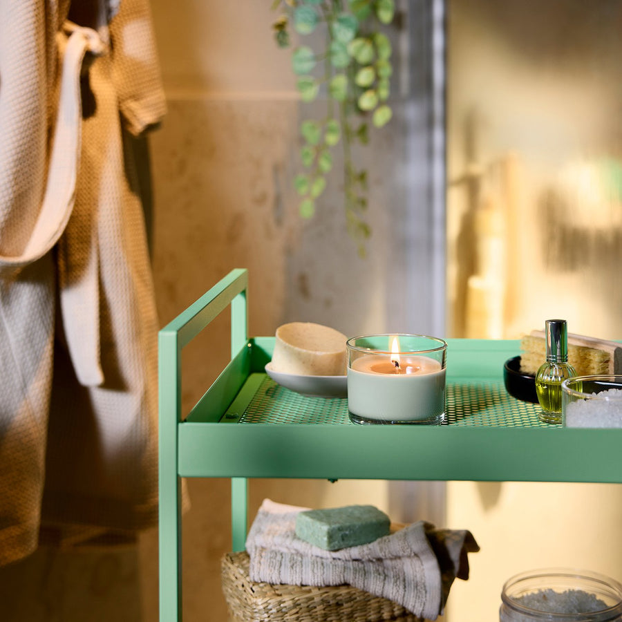 LOTSFÅGEL scented candle in glass, Apple light green, 8 cm