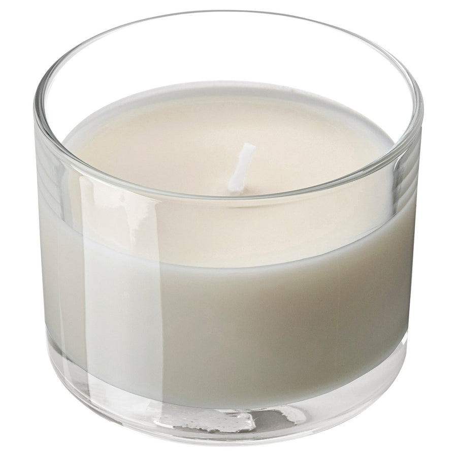 LOTSFÅGEL scented candle in glass, Vanilla pale beige, 20 hr