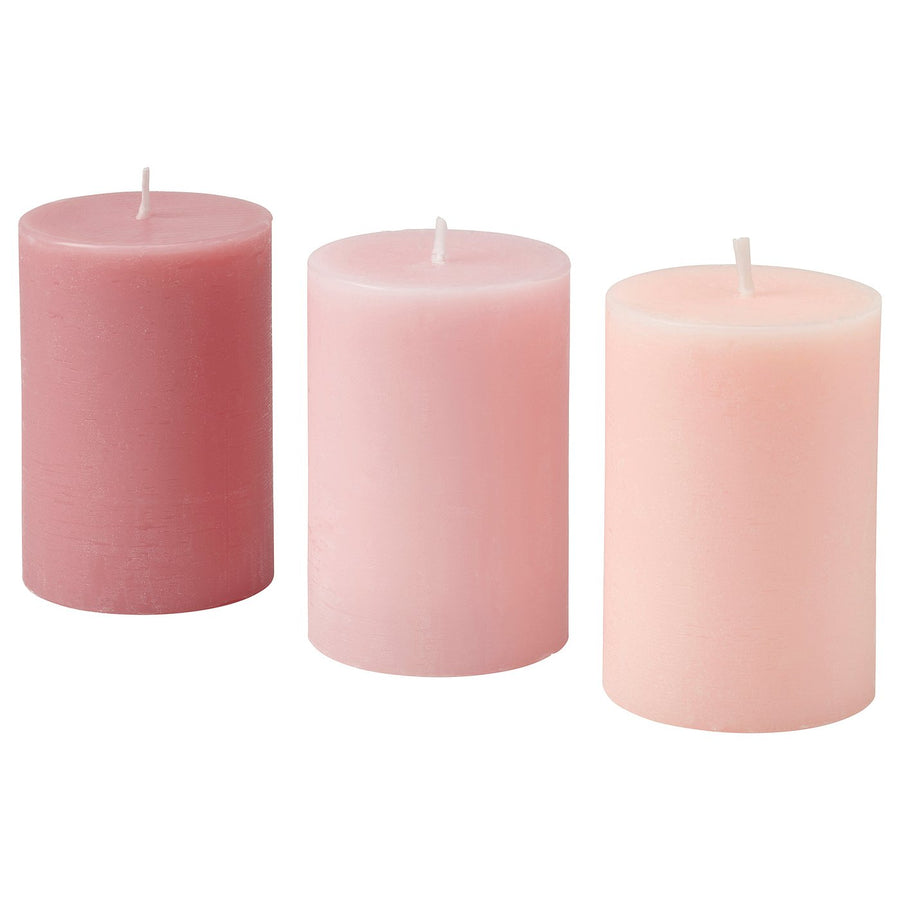 LOTSFÅGEL scented pillar candle, Pink flowers pink, 30 hr, 3 pack