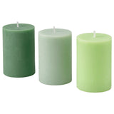 LOTSFÅGEL scented pillar candle, Apple green, 30 hr, 3 pack