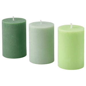 LOTSFÅGEL scented pillar candle, Apple green, 30 hr, 3 pack