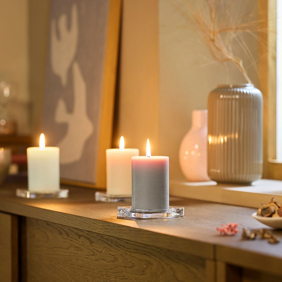 LOTSFÅGEL scented pillar candle, Vanilla beige, 30 hr, 3 pack