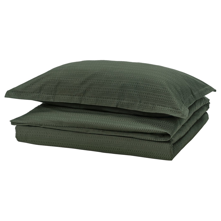 LUKTVICKER duvet cover and pillowcase, dark green, 150x200/50x80 cm