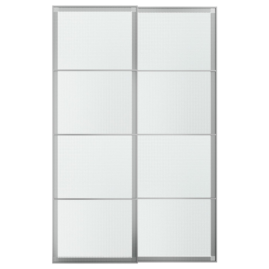 LUNDBRÄSMA pair of sliding doors, aluminium/checkered glass, 150x236 cm