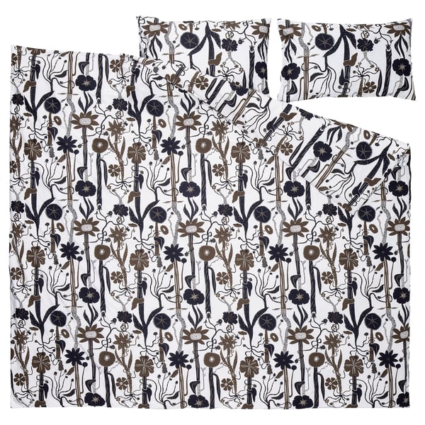 LUNDSKAFTING duvet cover and 2 pillowcases, white/black/brown, 240x220/50x80 cm