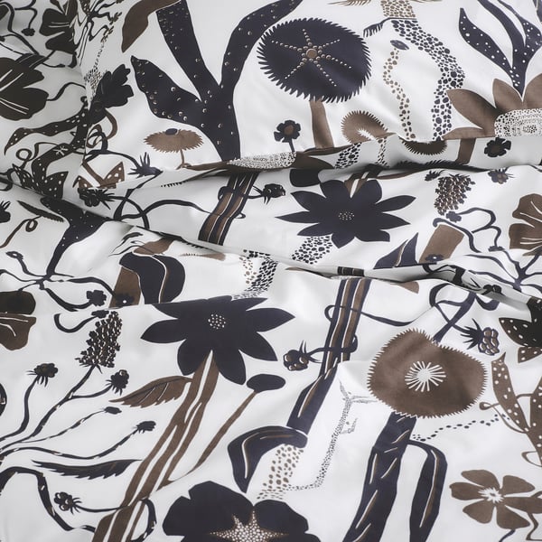 LUNDSKAFTING duvet cover and pillowcase, white/black/brown, 150x200/50x80 cm