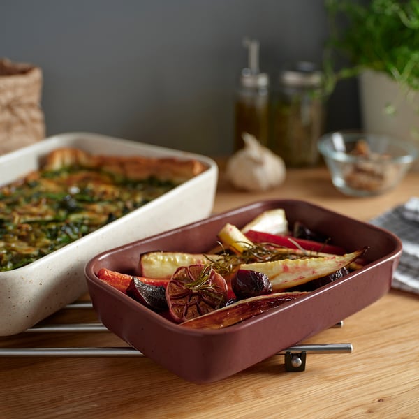 LYCKAD oven/serving dish set of 2, light beige/red-brown