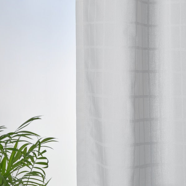 MÄSTERROT curtains, 1 pair, white white/grid with heading tape, 145x300 cm