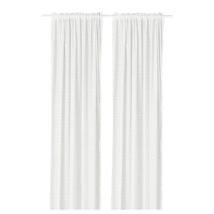 MÄSTERROT curtains, 1 pair, white white/grid with heading tape, 145x300 cm