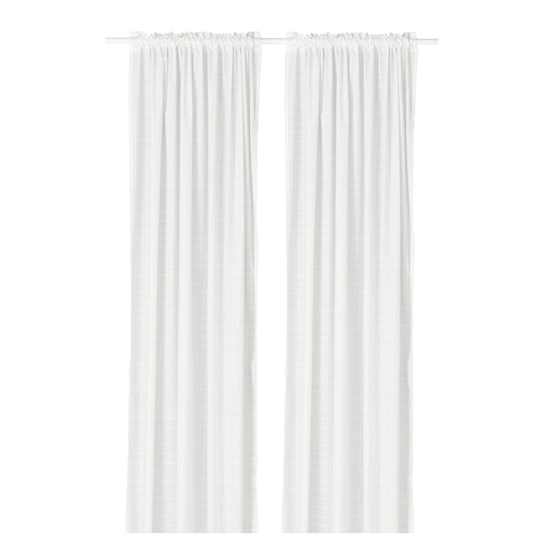 MÄSTERROT curtains, 1 pair, white white/grid with heading tape, 145x300 cm