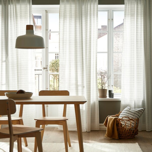 MÄSTERROT curtains, 1 pair, white white/grid with heading tape, 145x300 cm