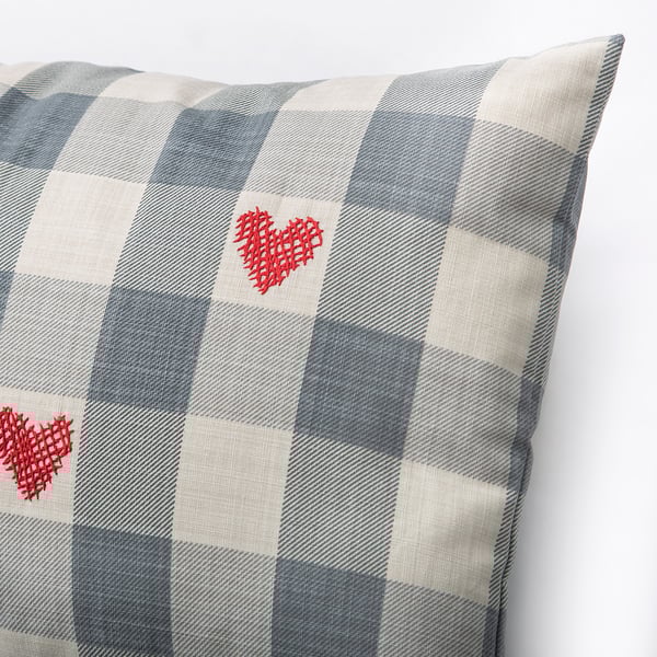 MÄVINN cushion cover, check grey/heart red, 40x58 cm