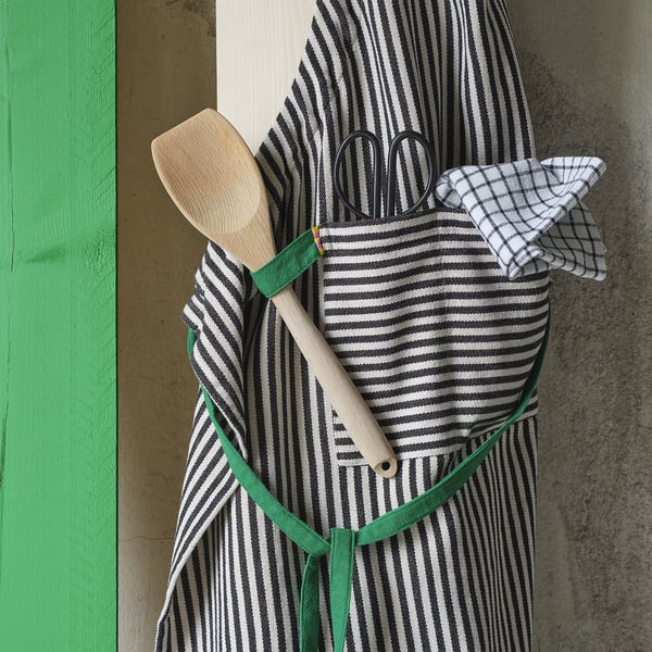 MÄVINN apron, black white/stripe, 92x90 cm