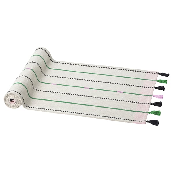 MÄVINN table-runner, off-white/green stripe, 35x130 cm