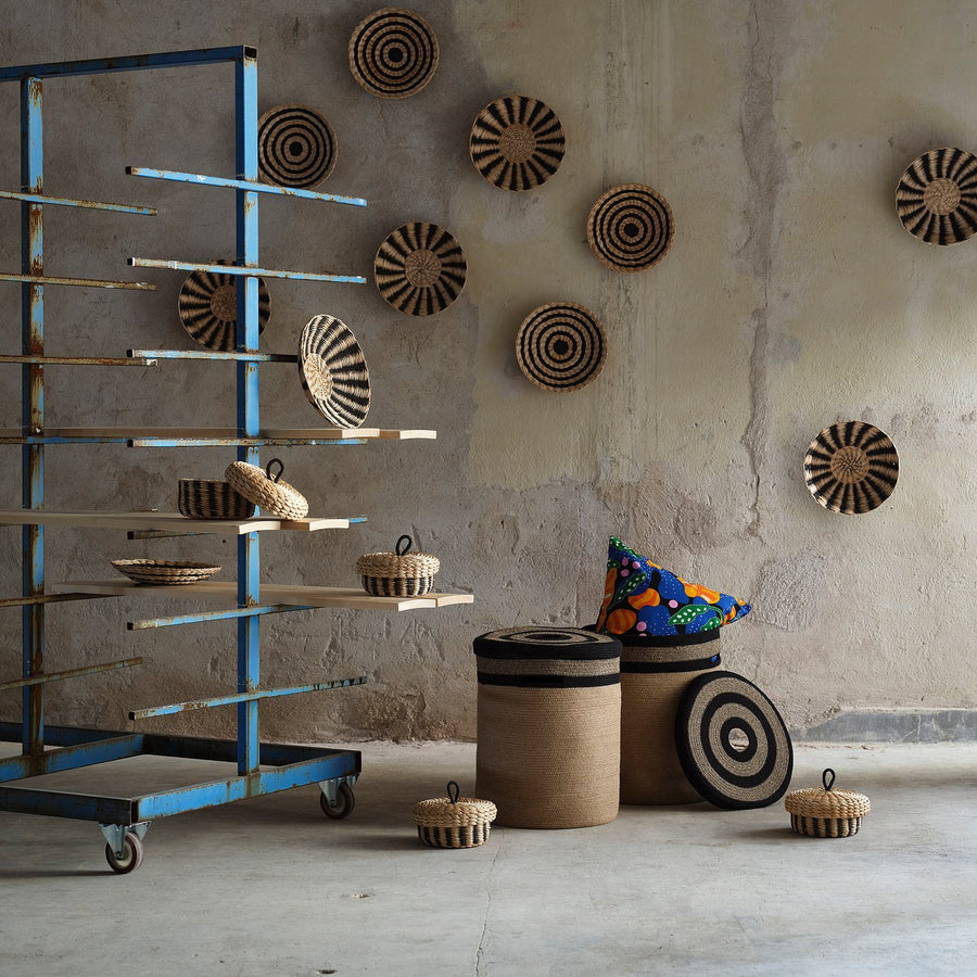 MÄVINN box with lid, banana fibre/black stripe pattern, 21 cm