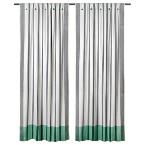 MÄVINN curtains, 1 pair, black/white/stripe green, 300x110 cm