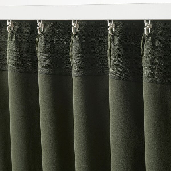 MAJGULL block-out curtains, 1 pair, dark green/with heading tape, 145x300 cm
