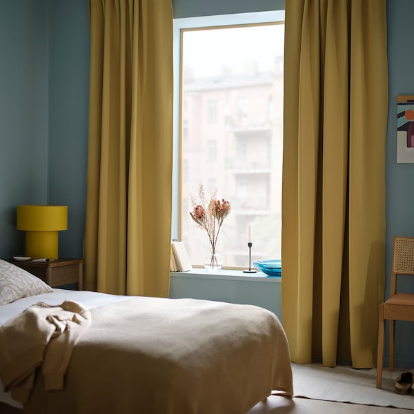 MAJGULL room darkening curtains, 1 pair, beige-yellow/with heading tape, 145x300 cm