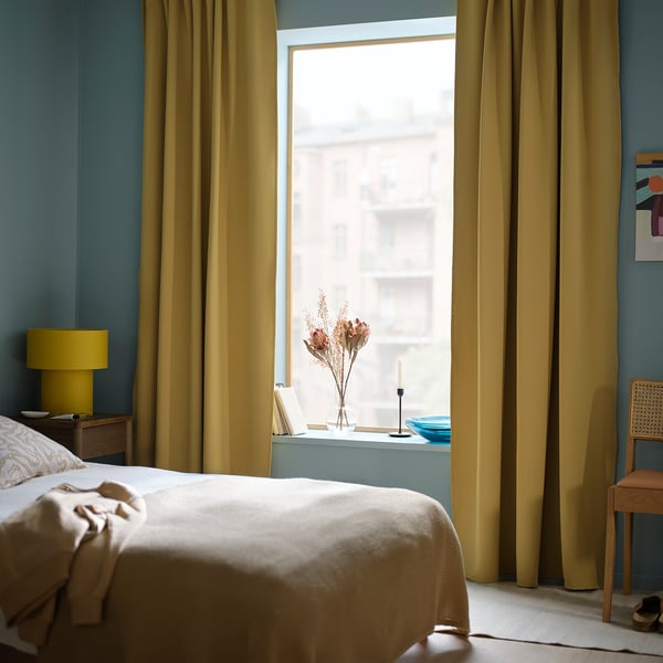 MAJGULL room darkening curtains, 1 pair, beige-yellow/with heading tape, 145x300 cm