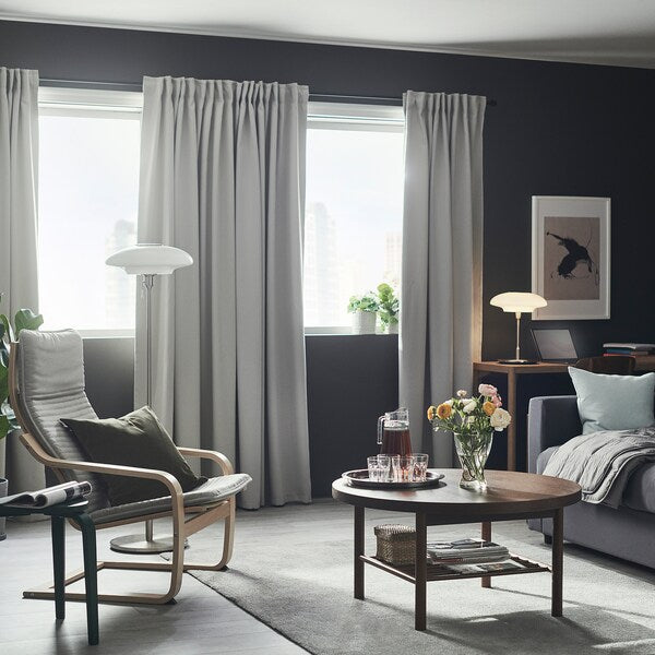 MAJGULL room darkening curtains, 1 pair, light grey/with heading tape, 145x300 cm