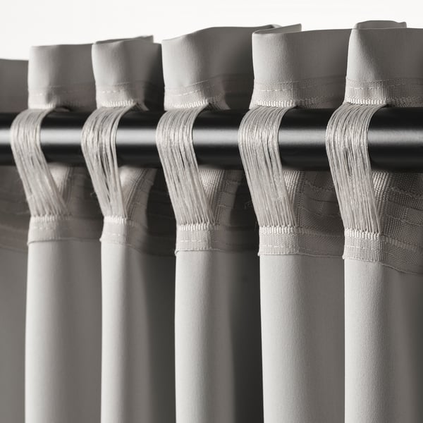 MAJGULL room darkening curtains, 1 pair, light grey/with heading tape, 145x300 cm