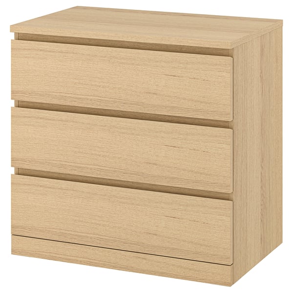 MALM chest of 3 drawers, white stained oak veneer, 80x78 cm