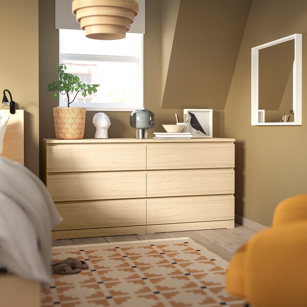 MALM chest of 6 drawers, white stained oak veneer, 160x78 cm