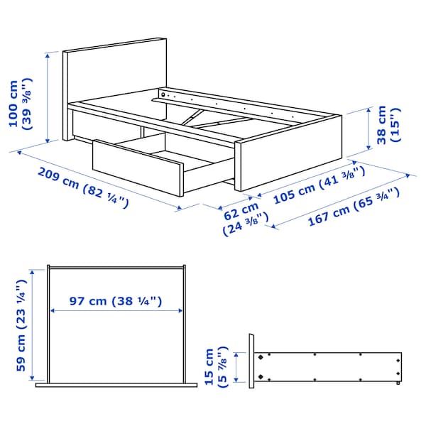 Ikea MALM Bed frame, high / 2 storage boxes, white / Lindbåden, 90x200 cm