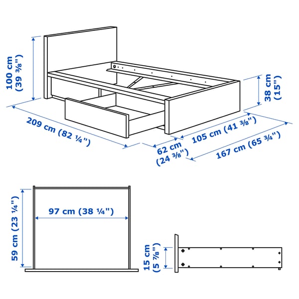 MALM bed frame, high, w 2 storage boxes, white/Lindbåden, 90x200 cm