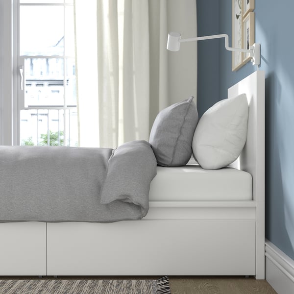 MALM bed frame, high, w 2 storage boxes, white/Luröy, 90x200 cm