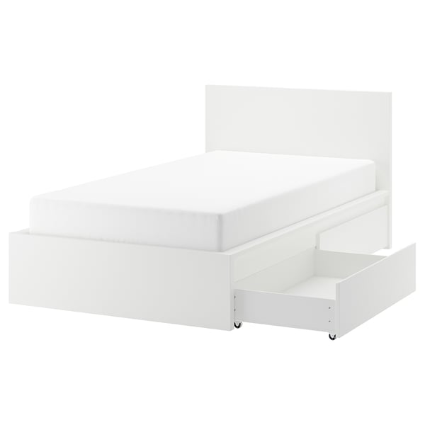 MALM bed frame, high, w 2 storage boxes, white, 120x200 cm