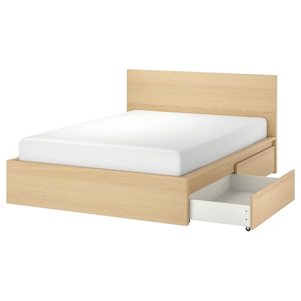 MALM bed frame, high, w 2 storage boxes, white stained oak veneer/Lönset, 180x200 cm