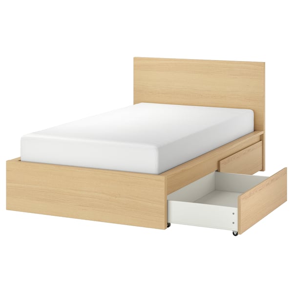 MALM bed frame, high, w 2 storage boxes, white stained oak veneer, 120x200 cm