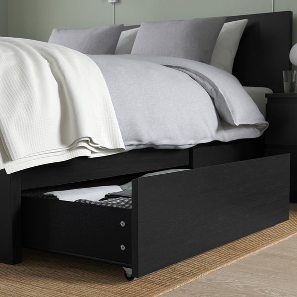 MALM bed frame, high, w 2 storage boxes, black-brown/Lindbåden, 160x200 cm