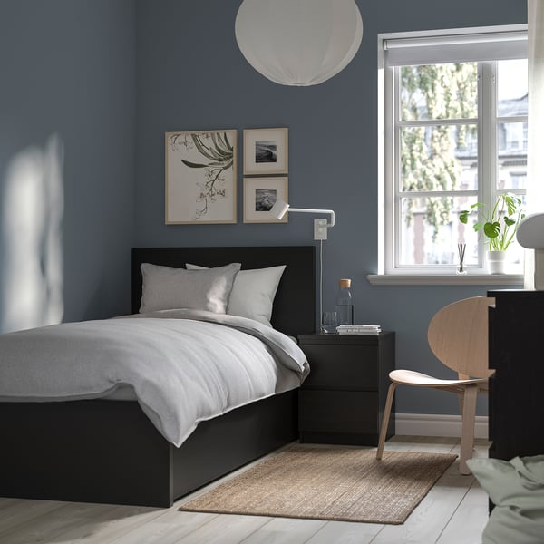 MALM bed frame, high, w 2 storage boxes, black-brown/Luröy, 90x200 cm