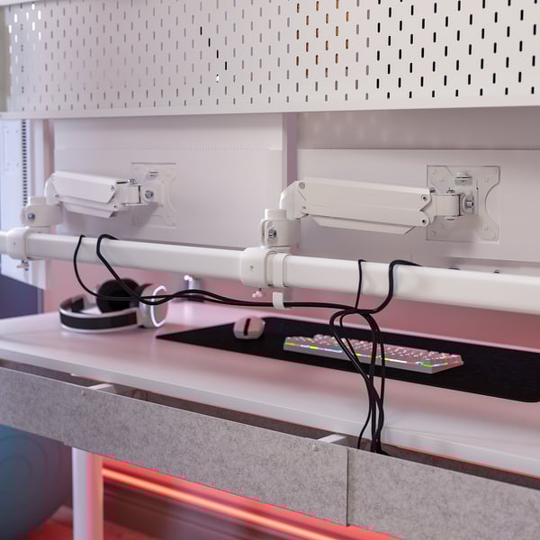 MÅLOMRÅDE gaming desk sit/stand, with monitor arms/electric white, 180x125x80 cm