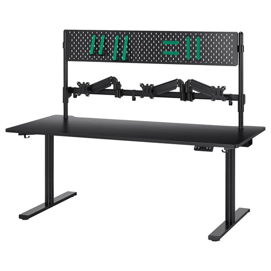 MÅLOMRÅDE gaming desk sit/stand, with monitor arms/electric black, 180x80 cm