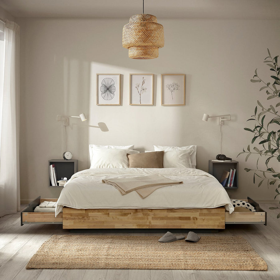 MANDAL bed frame with storage, birch/grey, 140x200 cm