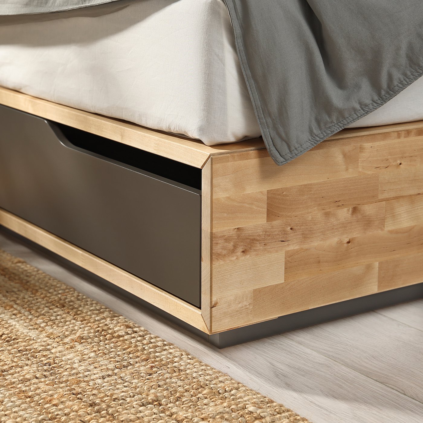 MANDAL bed frame with storage, birch/grey, 90x200 cm