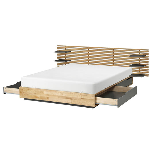 MANDAL bed frame with headboard, birch/grey, 160x200 cm