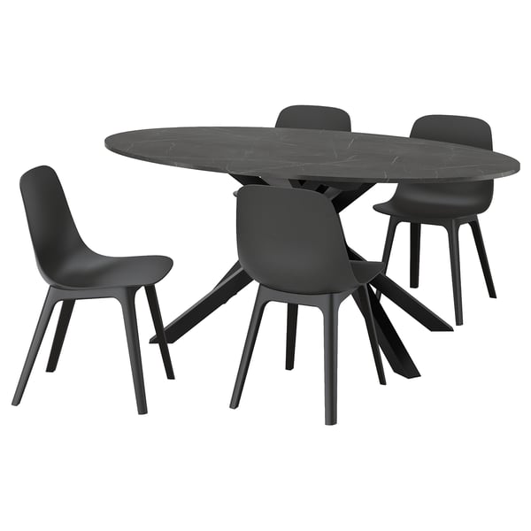 MARIEDAMM / ODGER table and 4 chairs, black marble effect/anthracite, 180x100 cm
