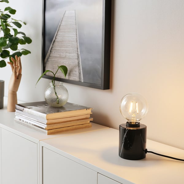 MARKFROST / LUNNOM table lamp with light bulb, marble black/globe clear