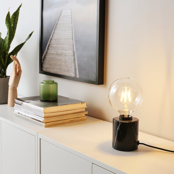 MARKFROST / LUNNOM table lamp with light bulb, marble black/globe