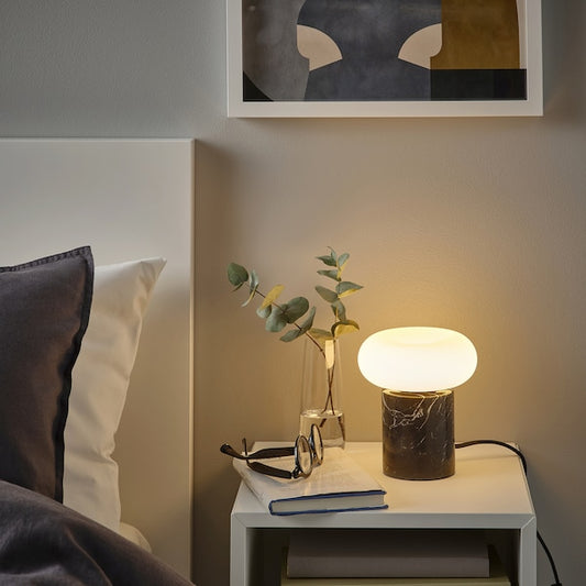 MARKFROST / MOLNART table lamp with light bulb, black/marble black