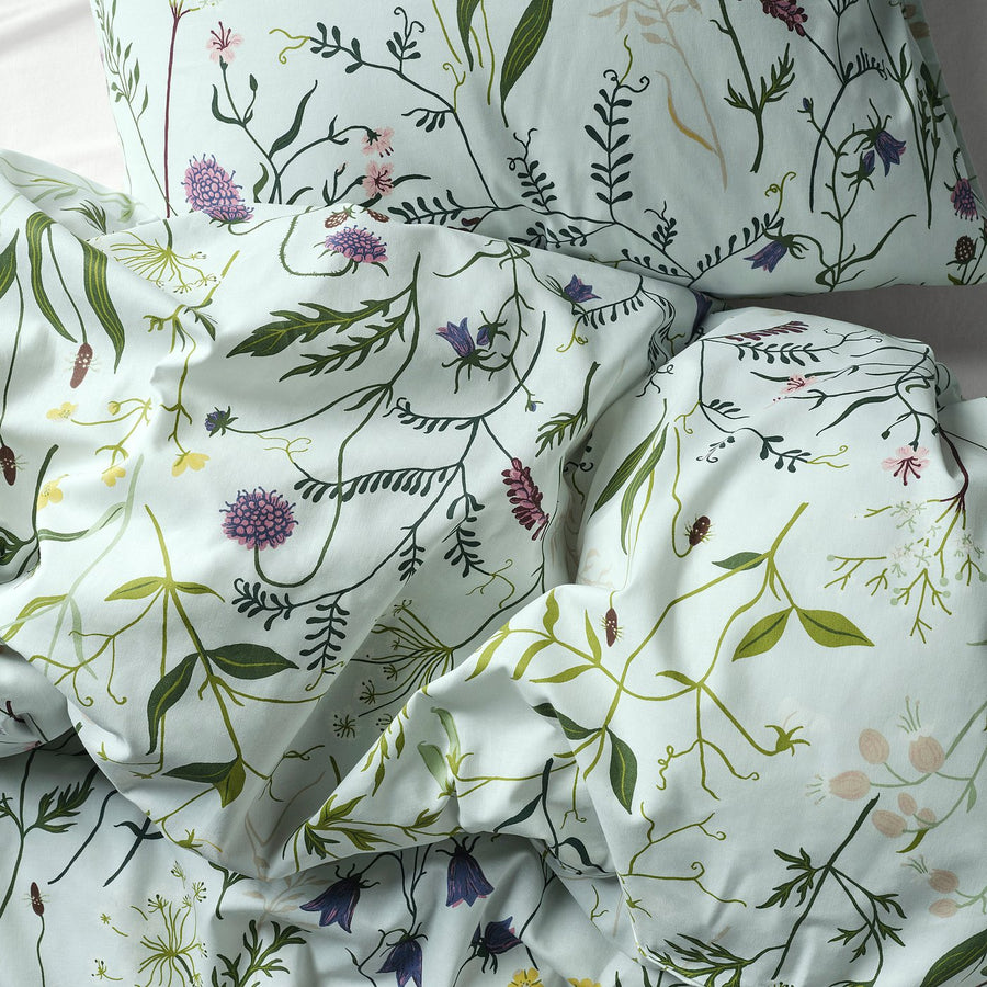 MATTOXBÄR duvet cover and 2 pillowcases, pale blue/floral pattern, 240x220/50x80 cm