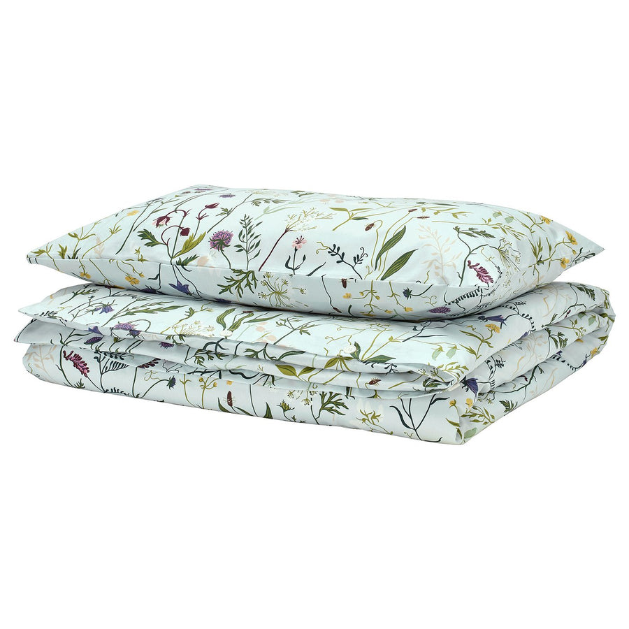 MATTOXBÄR duvet cover and pillowcase, pale blue/floral pattern, 150x200/50x80 cm