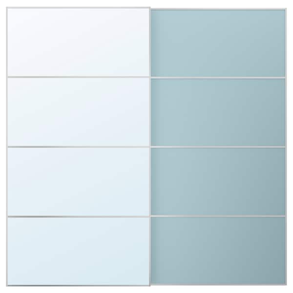Ikea MEHAMN/AULI - Pair of sliding doors, aluminium double sided/light green mirror glass, 200x201 cm