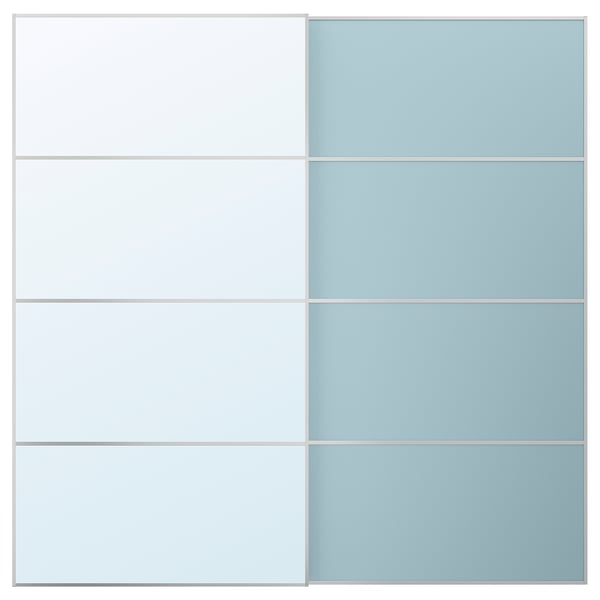 MEHAMN/AULI pair of sliding doors, aluminium double sided/light blue mirror glass, 200x201 cm