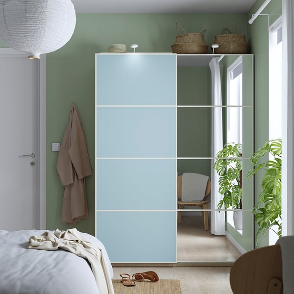 MEHAMN/AULI pair of sliding doors, aluminium double sided/light blue mirror glass, 200x201 cm