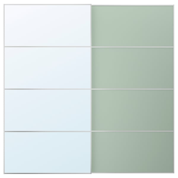 MEHAMN/AULI pair of sliding doors, aluminium double sided/light green mirror glass, 200x201 cm
